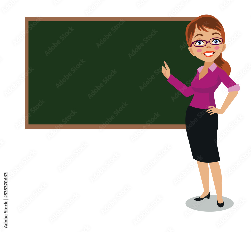 cute teacher teaching in front of classroom lesson board cute teacher teaching in front of classroom lesson board