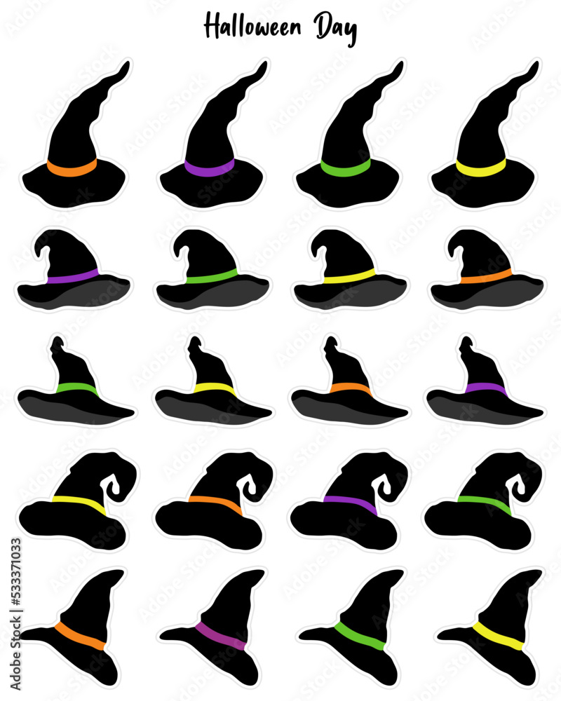 Set of Halloween witch black hat isolated stickers.