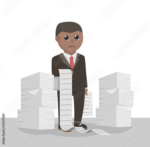 businessman african stress because job paper design character on white background