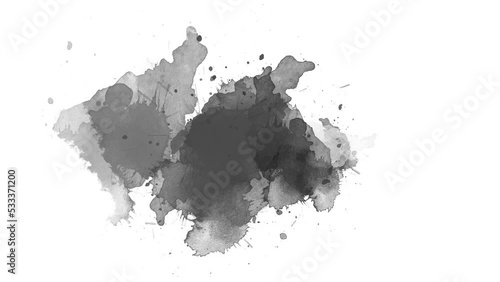 Ink brush stroke reveal with splatter and blot textures in a smooth slow-motion reveal, crafted for clean overlays and alpha matte compositing in motion graphics.