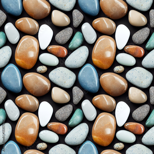 3 D render. Small colorful pebbles background, polished stones seamless pattern, sea stones, pastel colors, different shapes