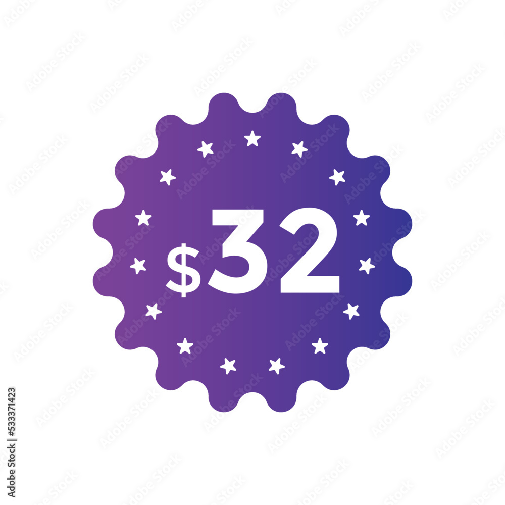 32 dollar price tag. Price $32 USD dollar only Sticker sale promotion Design. shop now button for Business or shopping promotion
