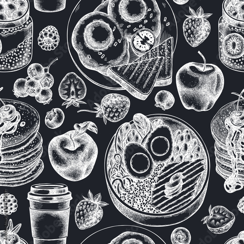 Breakfast seamless pattern background design. Engraved style. Hand drawn pancakes, bowl with avocado, chia pudding, fried eggs, raspberry, blueberry, strawberry, apples, paper cup.