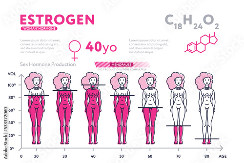 Ping infographic diagram showing content of hormone estrogen during life in female body. photo