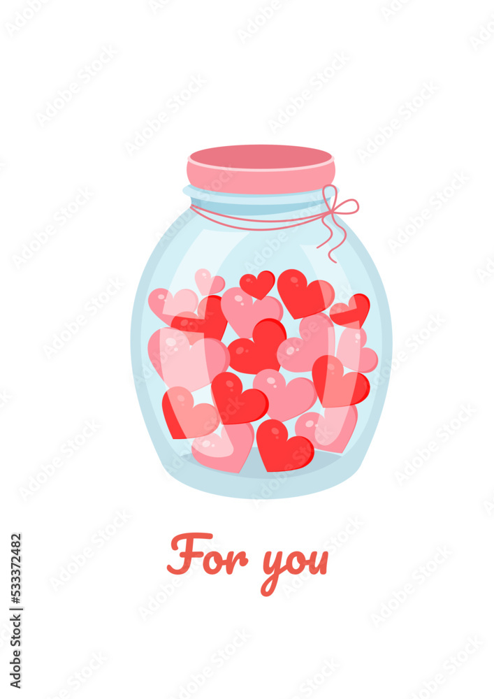 Romantic jar with hearts. Vector illustration of a jar for valentine's day for postcard, textile, decor, poster. Love message. Greeting card.