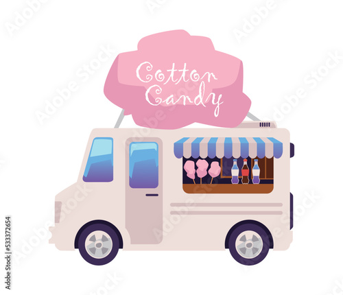 Cotton candy truck or cafeteria on wheels flat vector illustration isolated.