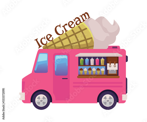 Ice cream food truck, flat vector illustration isolated on white background.