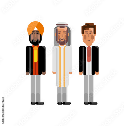 Indian, european and arabic staff in business suits. Corporate multicultural business people isolated vector illustration.