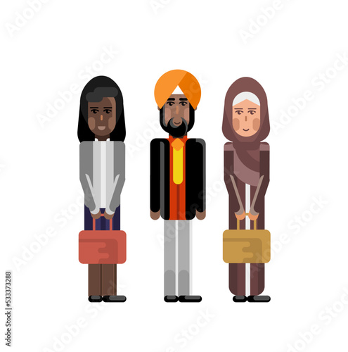 Indian businessman in turban with women. Corporate multicultural business people isolated vector illustration.