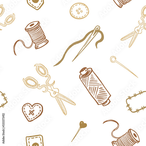 Seamless pattern with sewing tools linear icons scattered on white background. Outline seamstress supplies for tailoring and needlework. Handmade kids clothes wrapping paper design.