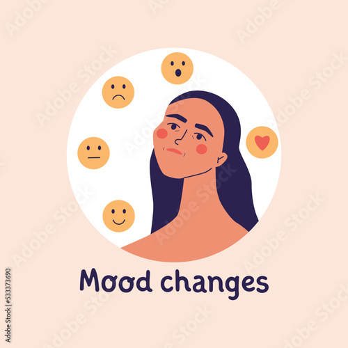 Mood changes. Different states of emotions. Mood swings. Woman with various feelings. Vector flat illustration for mental disorder