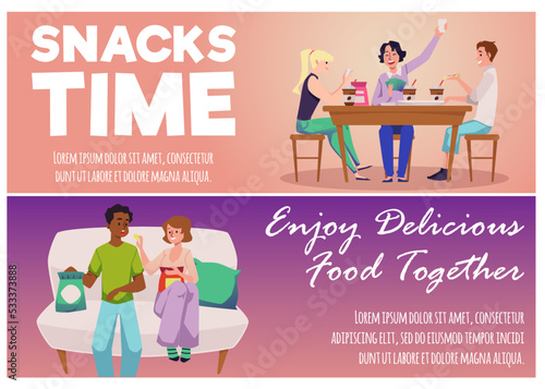 Set of website banner templates about snacking people flat style