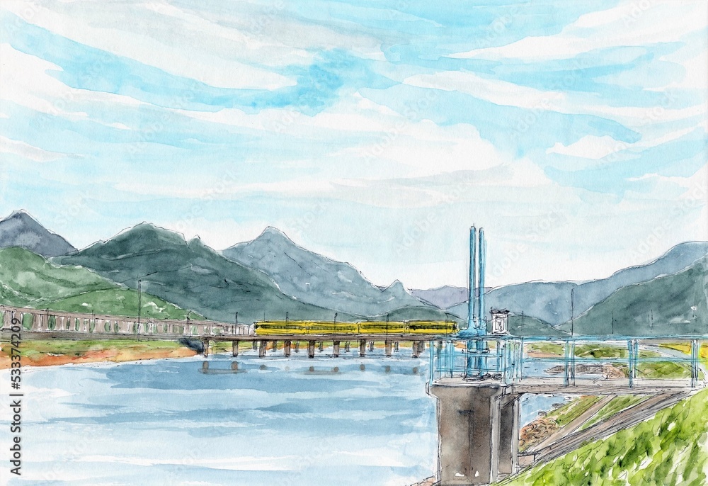Fototapeta premium 佐波川河口に架かる鉄橋を渡る電車