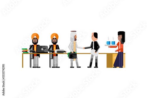 Business meeting asian and arab businessmen in conference room, secretary with coffee cups. Corporate multiethnic business people vector illustration.