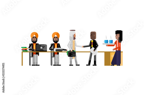 Business meeting arab and african businessmen in conference room, indian secretary with coffee cups. Corporate multiethnic business people vector illustration.
