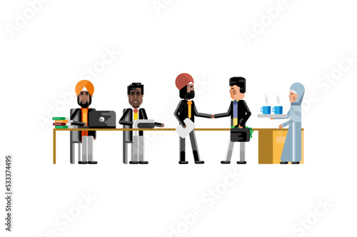 Business meeting asian and african businessmen in conference room, secretary in hijab with coffee cups. Corporate multiethnic business people vector illustration.