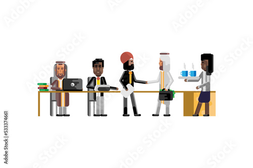 Business meeting arab and indian businessmen in conference room, african secretary with coffee cups. Corporate multiethnic business people vector illustration.