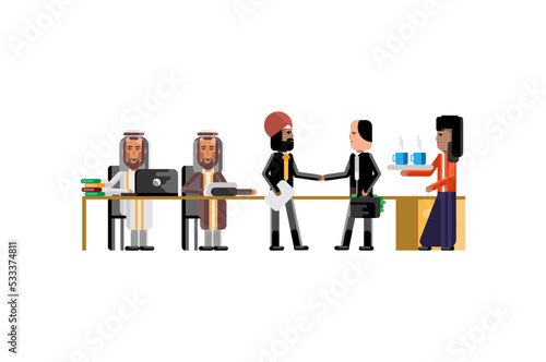 Business meeting asian and indian businessmen in conference room, secretary with coffee cups. Corporate multiethnic business people vector illustration.