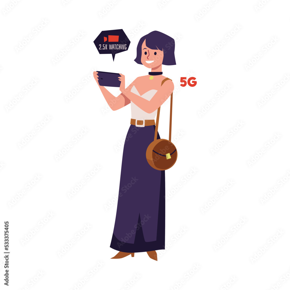 Fototapeta premium Stylish woman watching video on mobile phone using 5G technologies flat style