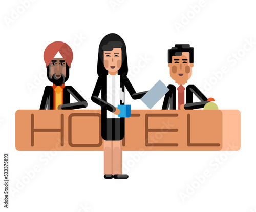 Indian and asian receptionists at hotel reception desk and secretary with coffee cup. Corporate multicultural business people vector illustration.