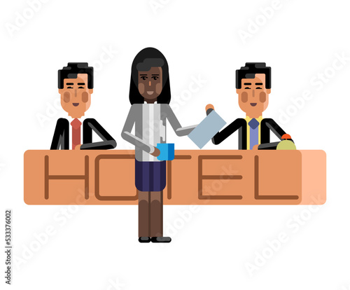 Asian receptionists at hotel reception desk and african secretary with coffee cup. Corporate multicultural business people isolated vector illustration.