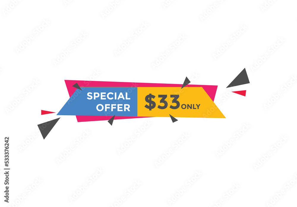 $33 USD Dollar Month sale promotion Banner. Special offer, 33 dollar month price tag, shop now button. Business or shopping promotion marketing concept
