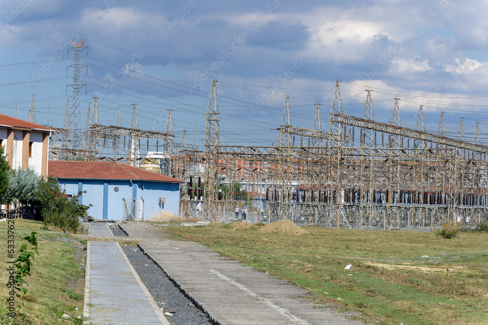 High voltage power lines, high voltage electricity transmission tower