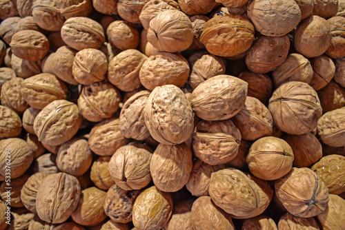 pile of walnuts with shell. close up view