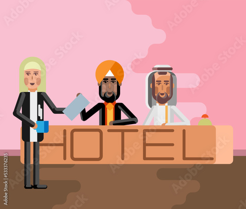 Indian and arabic receptionists at hotel reception desk and blonde secretary with coffee cup. Corporate multicultural business people vector illustration.