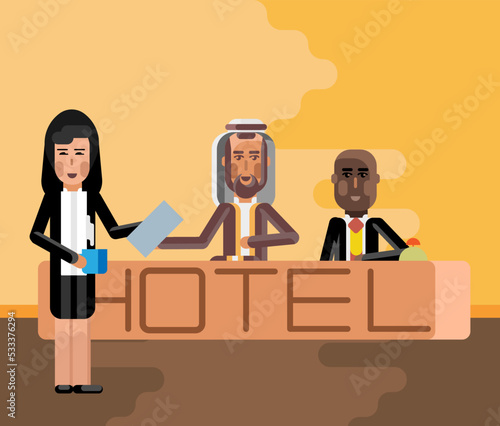 Arabic and african receptionists at hotel reception desk, asian secretary with document and coffee cup. Corporate multicultural business people vector illustration.
