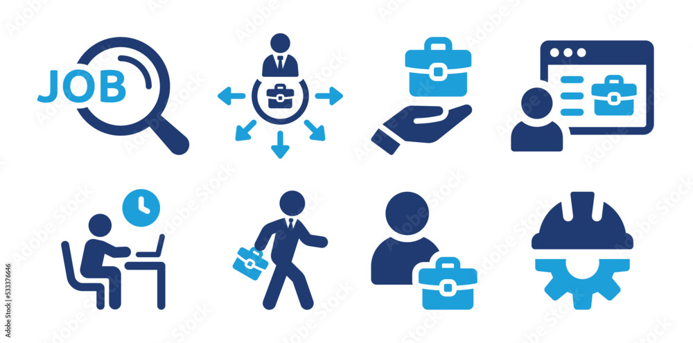 © Icons-Studio - Job recruitment icon set. Containing job interview, vacancy, employment, looking for job and hiring employee icons. Vector illustration. © Icons-Studio - Job recruitment icon set. Containing job interview, vacancy, employment, looking for job and hiring employee icons. Vector illustration.