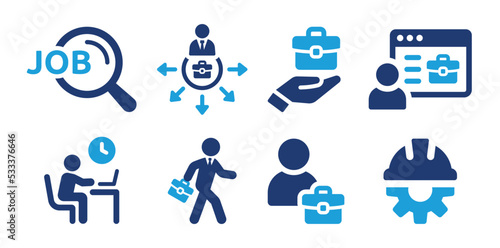 Job recruitment icon set. Containing job interview, vacancy, employment, looking for job and hiring employee icons. Vector illustration.
