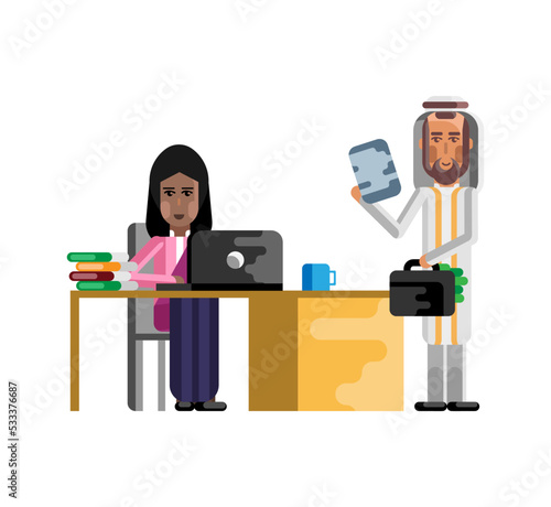 Business meeting arabic businessman with indian businesswoman in office. Corporate multicultural business people isolated vector illustration.