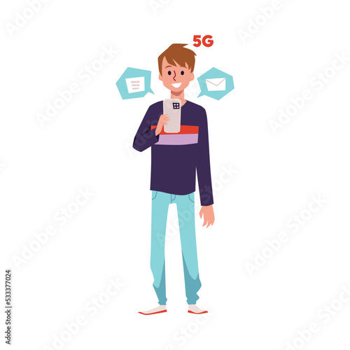 Man with smartphone using 5G telecommunications vector illustration isolated.