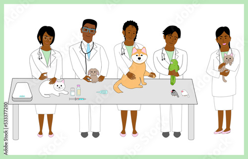 A group of black American veterinarians with animals at an animal hospital