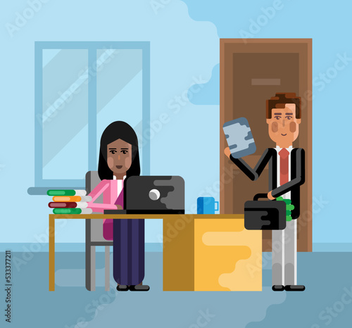 Business meeting european businessman with indian businesswoman in office. Corporate multicultural business people vector illustration.