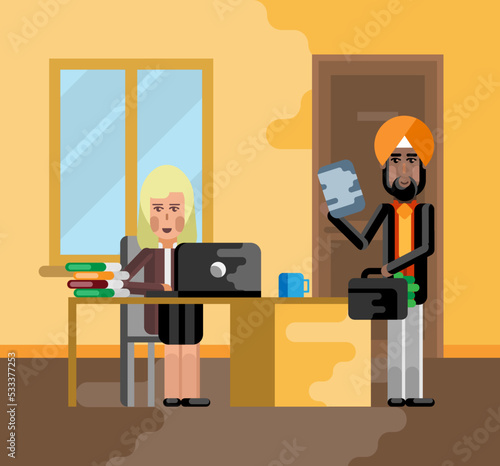 Business meeting indian businessman with blonde businesswoman in office. Corporate multicultural business people vector illustration.