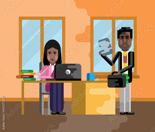 Business meeting african businessman with indian businesswoman in office. Corporate multicultural business people vector illustration.