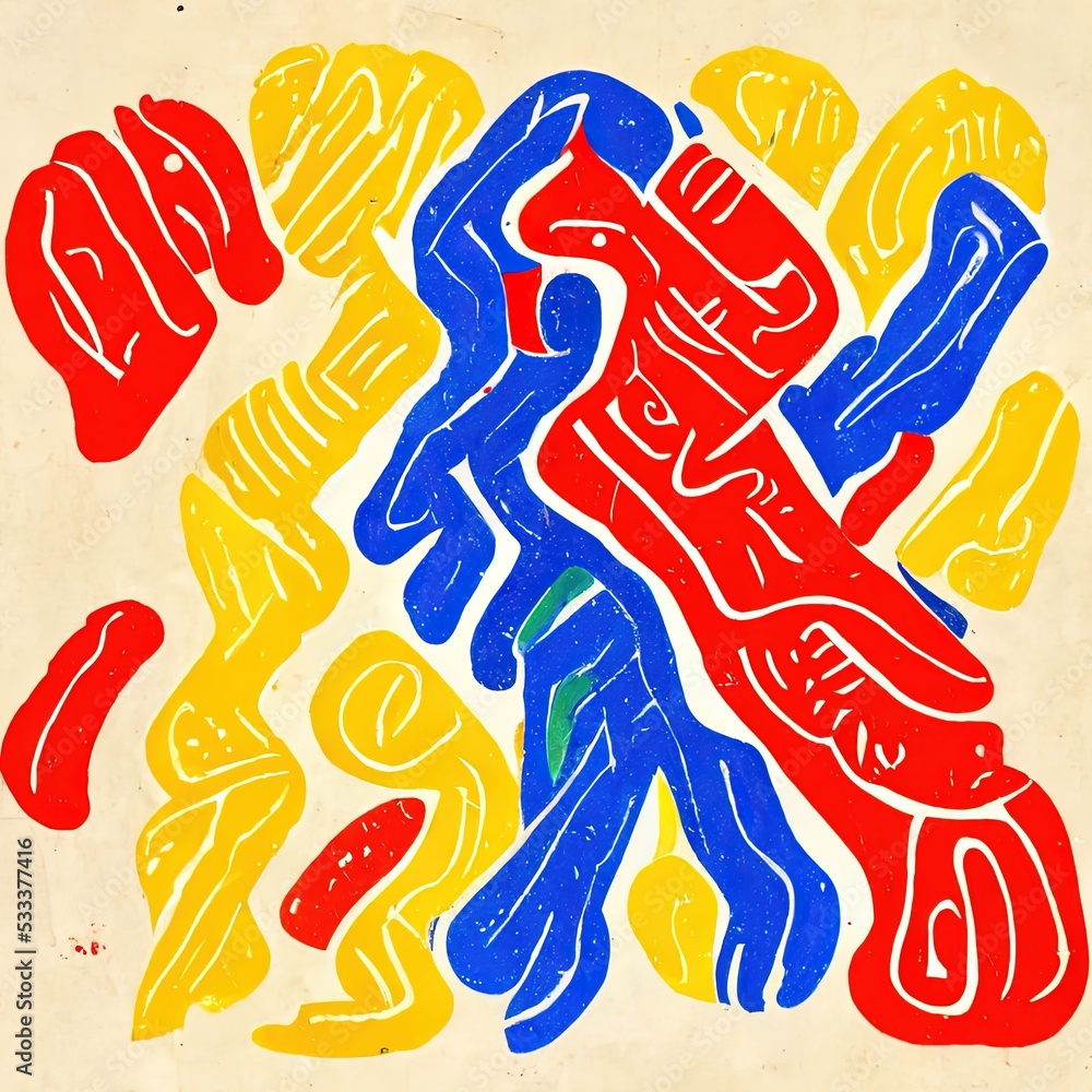 surrealistic shapes in a pattern, colourfull, red and blue, weird humans and unreal shapes