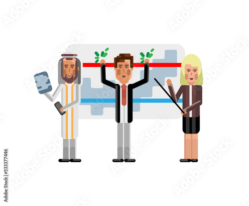 European and arabic business team doing presentation near whiteboard with diagram. Corporate multicultural business people isolated vector illustration.