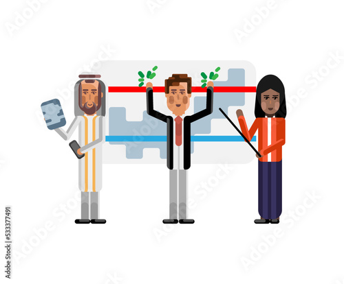 Multiethnic business team doing presentation near whiteboard with financial diagram. Corporate multicultural business people isolated vector illustration.