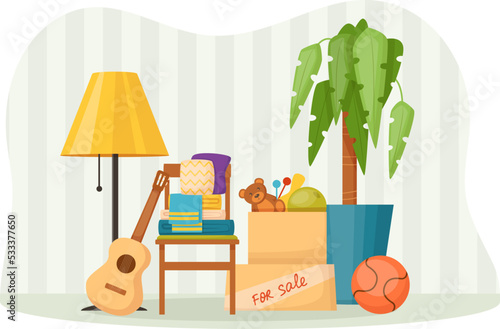 Sale of unnecessary things, textiles, toys, guitar, ball, houseplant. Sale of unnecessary things or belongings before moving. Garage sale, second hand shop, flea market