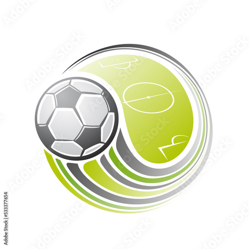Vector logo for Football Sport, isolated modern emblem with illustration of flying soccer ball over football field, decorative line art sports badge for soccer club on white background