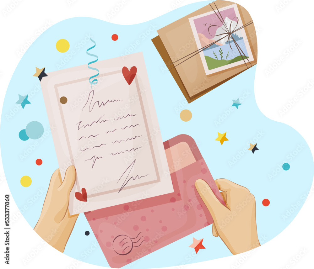 View from above of hands receiving and reading letter. Hand holding