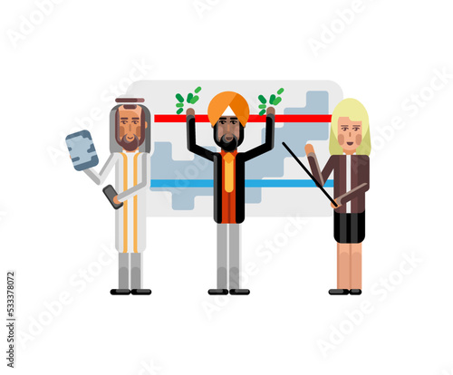 Multiethnic speakers doing business presentation near whiteboard with financial diagram. Corporate multicultural business people isolated vector illustration.