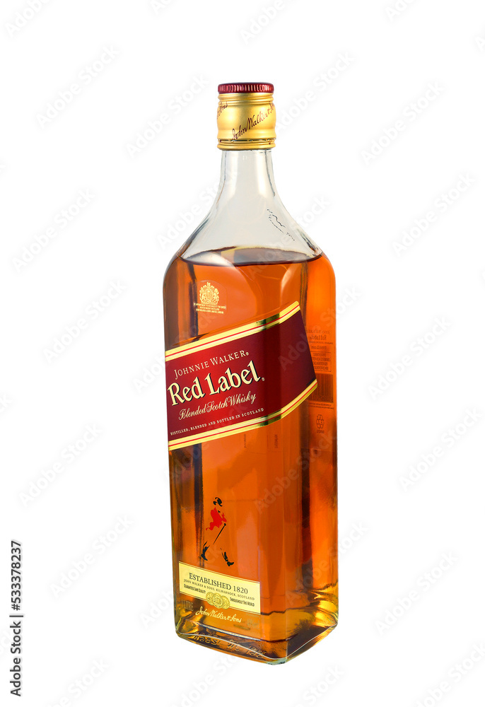 Johnnie Walker whisky bottle. Johnnie Walker is the most widely distributed blended Scotch