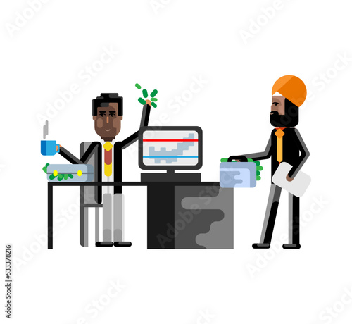 Business meeting african businessman with indian investor in office. Corporate multicultural business people isolated vector illustration.