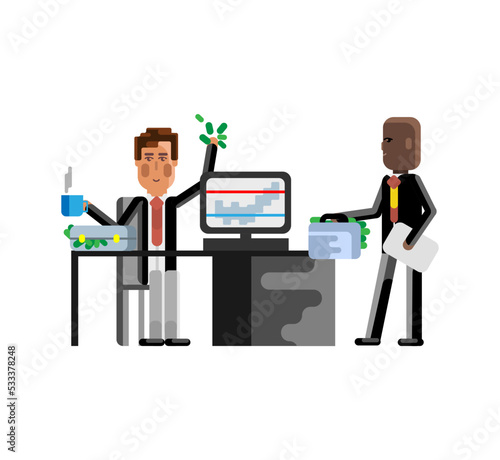 Business meeting european businessman with african investor in office. Corporate multicultural business people isolated vector illustration.