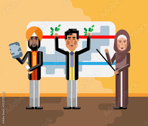 Multiethnic business team doing presentation near whiteboard with diagram in conference room. Corporate multicultural business people vector illustration.