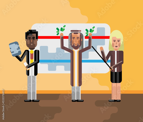 Arabic, african and european business team doing financial presentation near whiteboard in conference room. Corporate multicultural business people vector illustration.